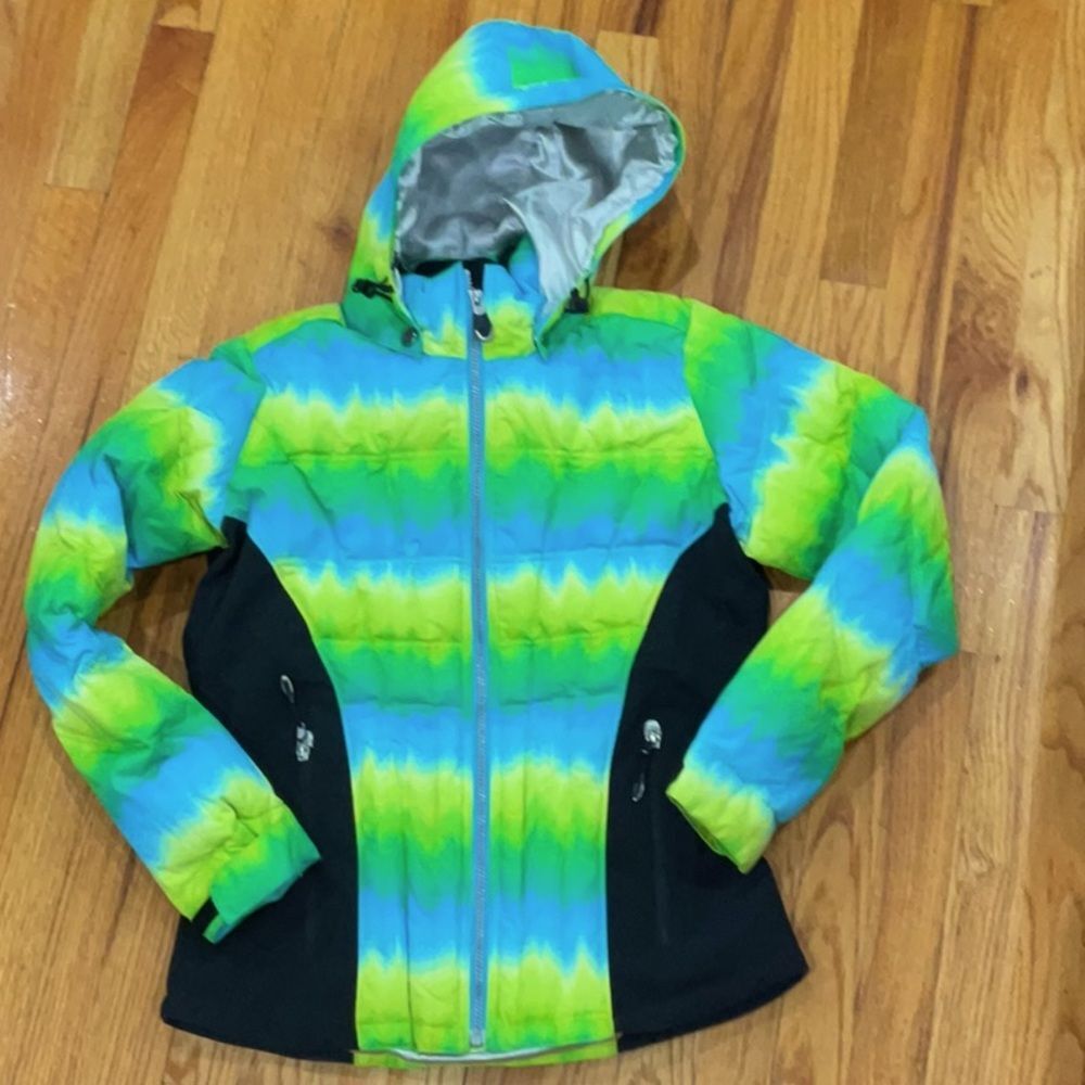 Obermeyer Striped Down Puffer Hood Ski Jacket Blue Yellow Flattering Sz 8